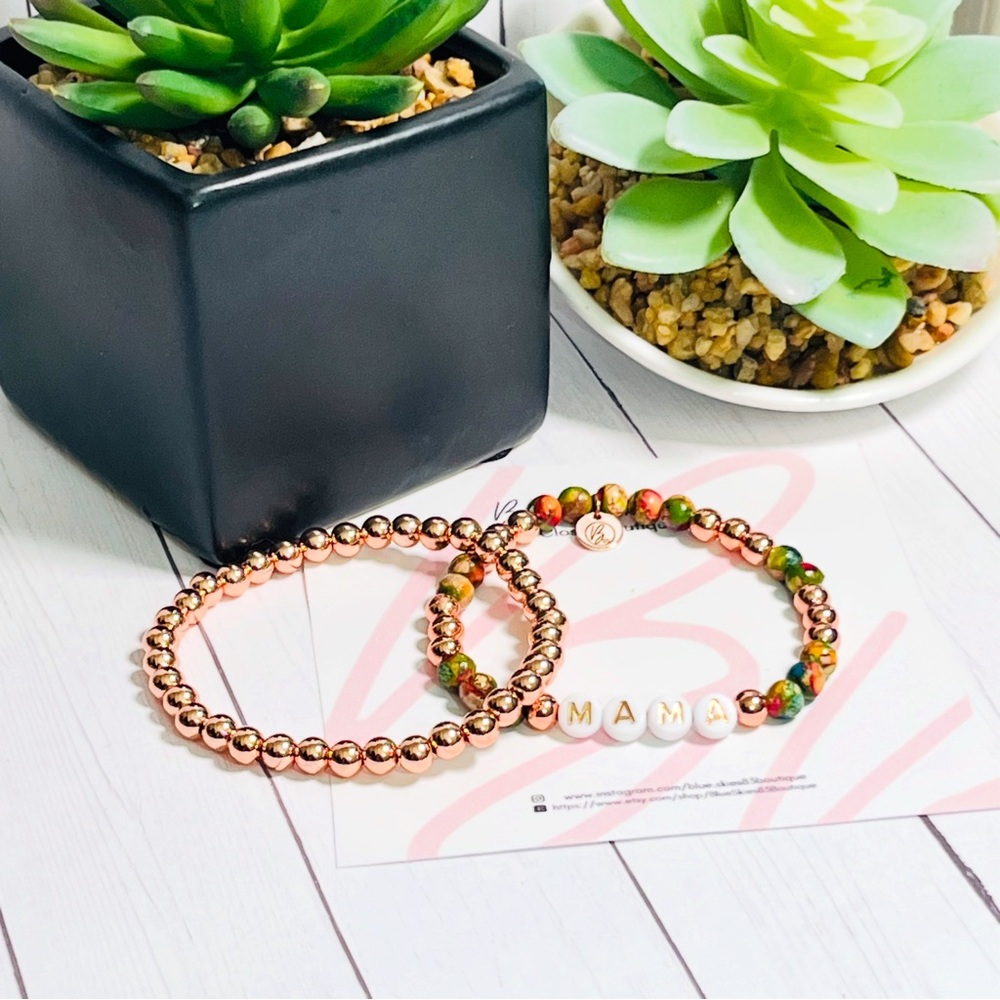 Multicolor Sediment Jasper / Rose Gold Coated Hematite Mama Beaded Bracelet Set